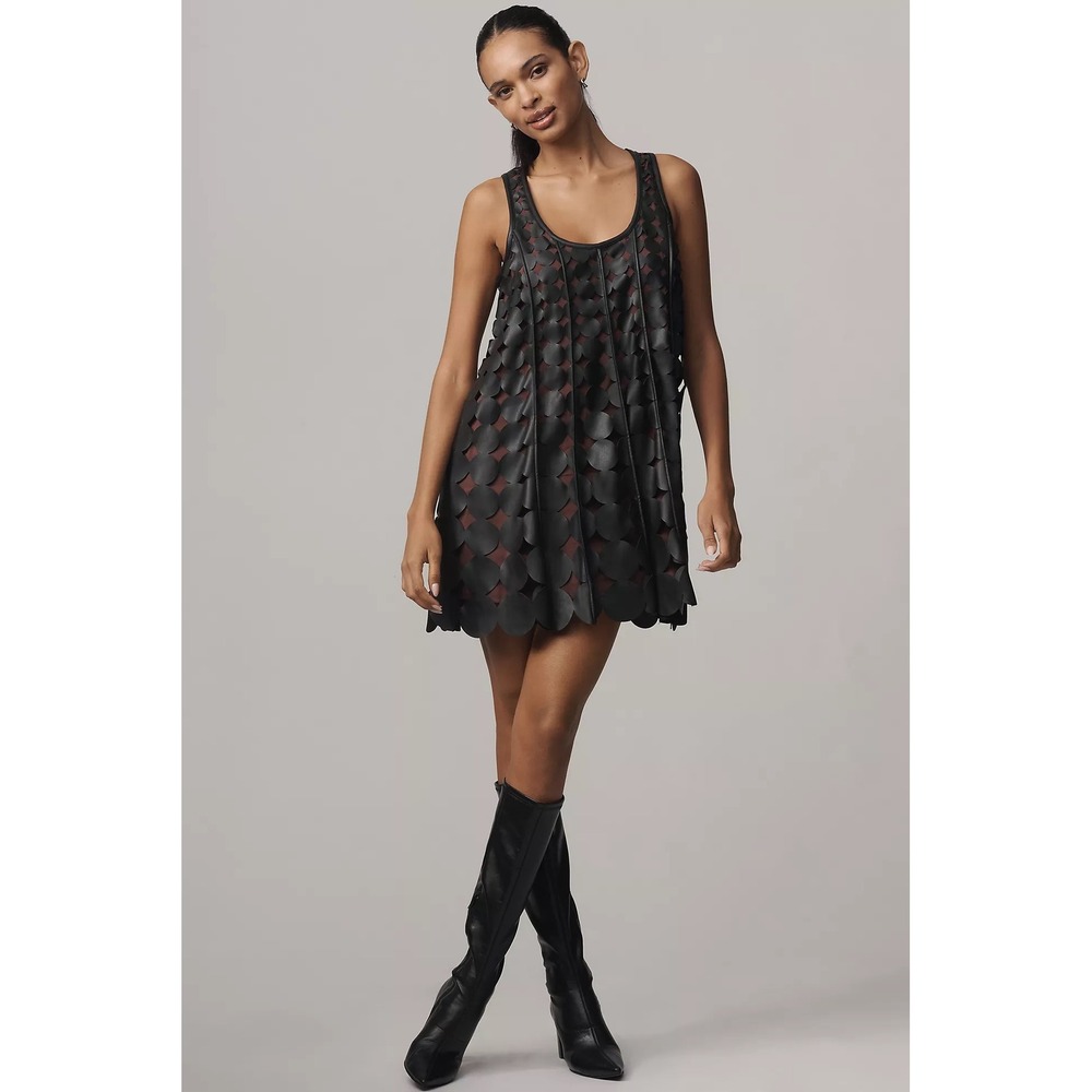 Anthropologie MAEVE Faux Leather Sleeveless Swing Dress Black Circles Mini Small